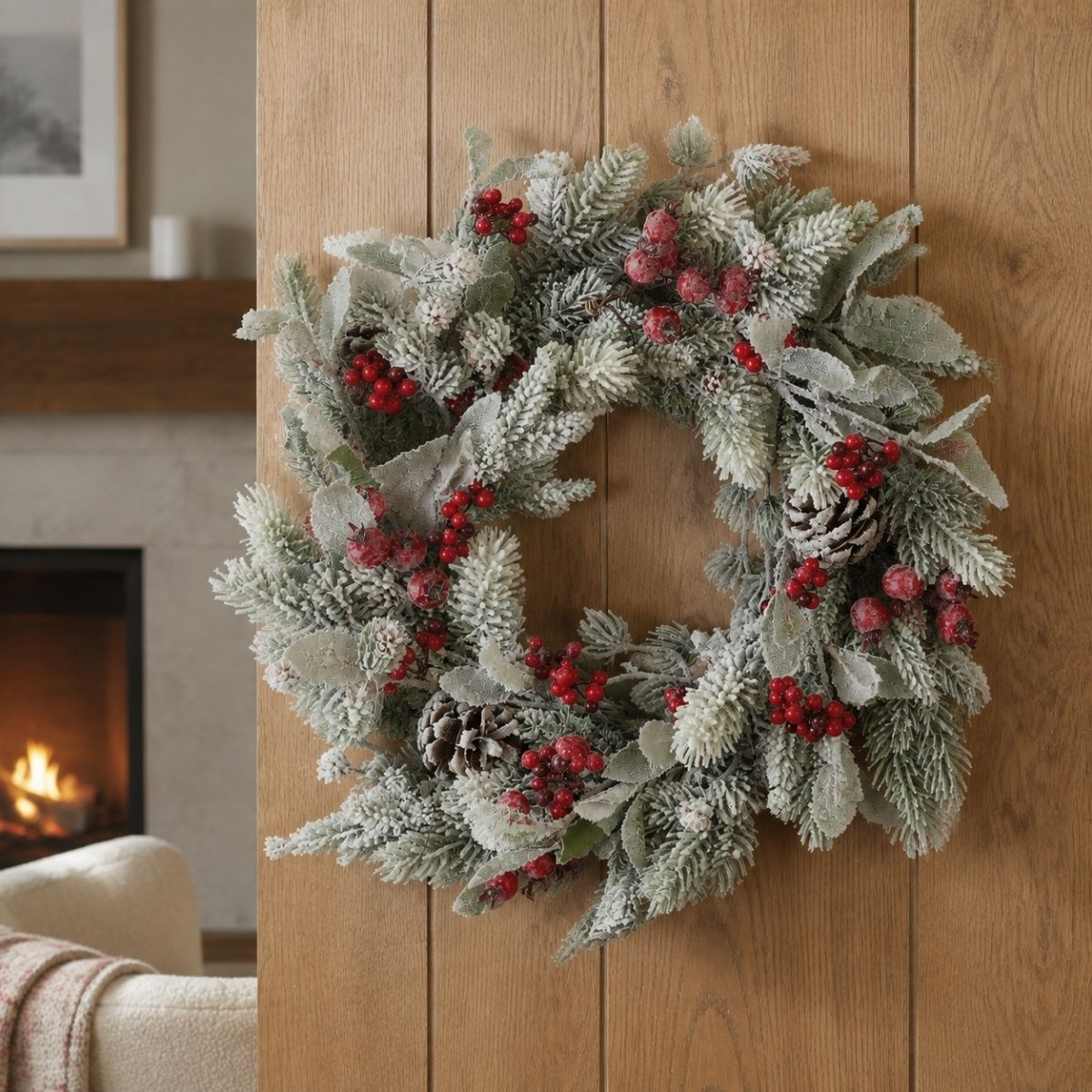 A frosted Christmas wreath with red berries and pinecones hangs on a wooden door in front of a warm fireplace.