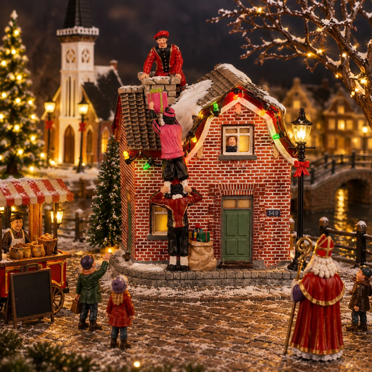 Miniatur-Schneedorf-Szene mit Figuren, die Geschenke bringen, einer Kirche und dem Nikolaus.