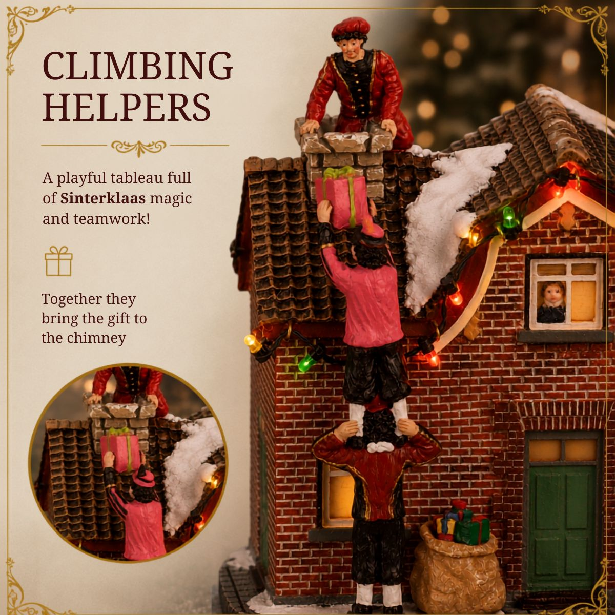 Miniaturfiguren stapeln sich auf einem schneebedeckten Ziegelhaus, um ein Geschenk durch den Schornstein zu geben.