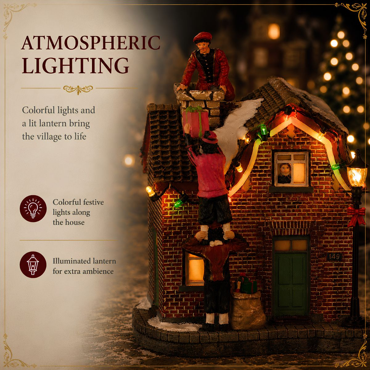 Weihnachtsdorf-Miniatur mit Figuren am Haus, Lichterketten und Laterne.