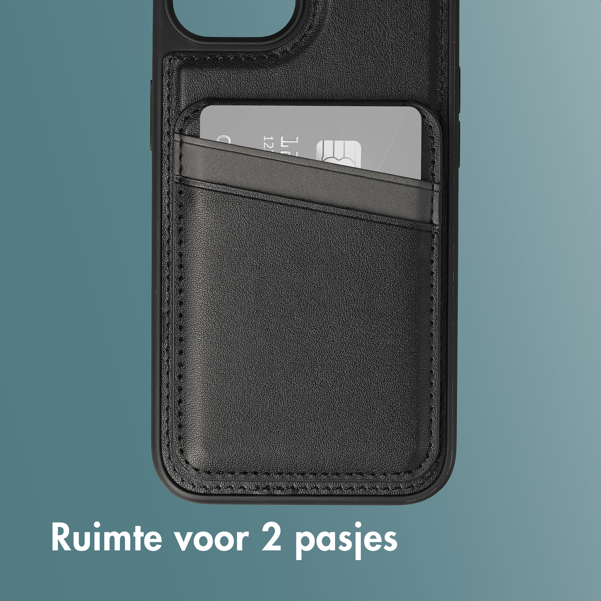 Black leather phone case with an integrated card holder containing one credit card.