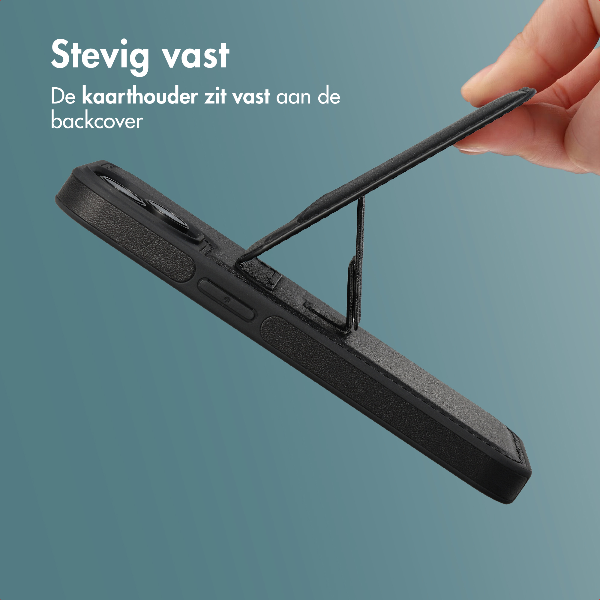A hand pulls open a built-in stand on the back of a black phone case.