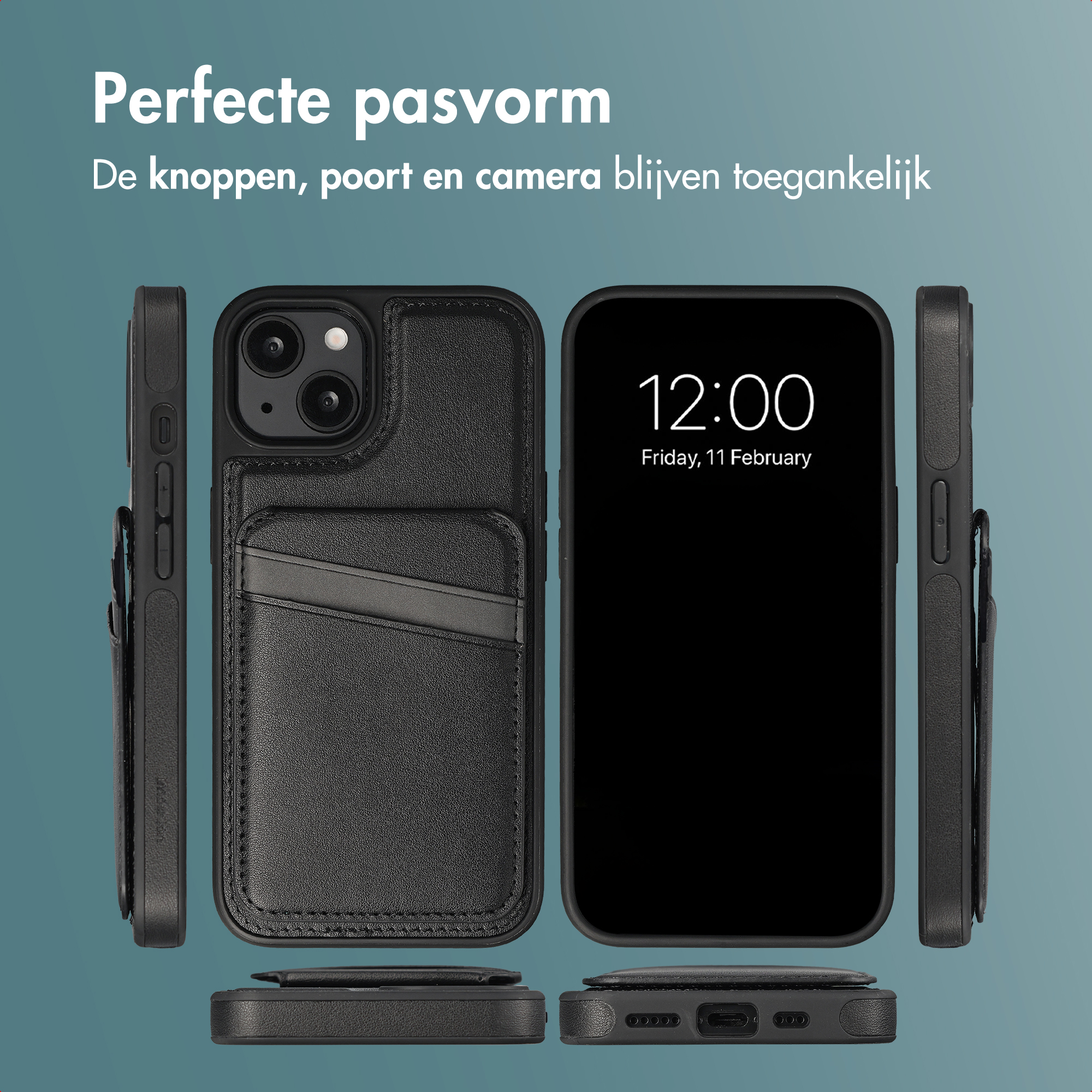 Black phone case with a card holder shown from various angles on a turquoise background.