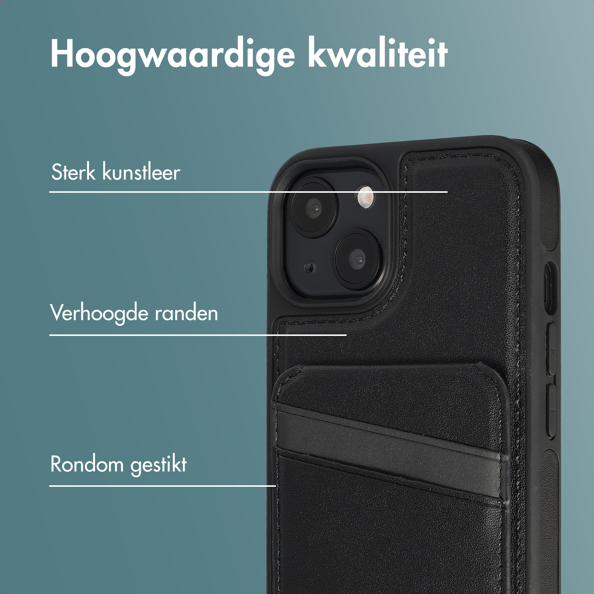 A black leather smartphone case with a cardholder pocket, featuring Dutch text pointing out its features.