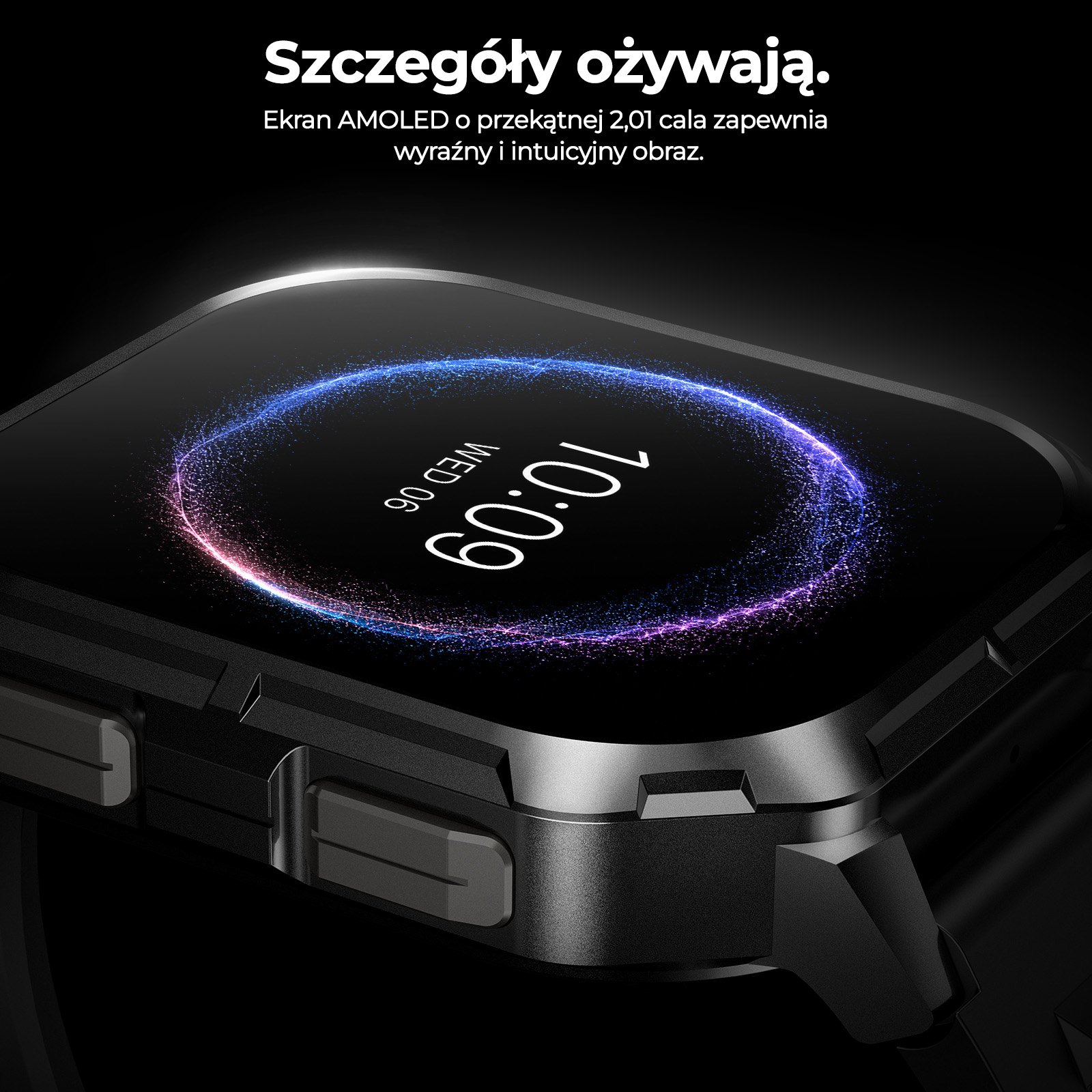 Zbliżenie smartwatcha z ciemną kopertą, bocznymi przyciskami i świecącym kolorowym pierścieniem na ekranie.