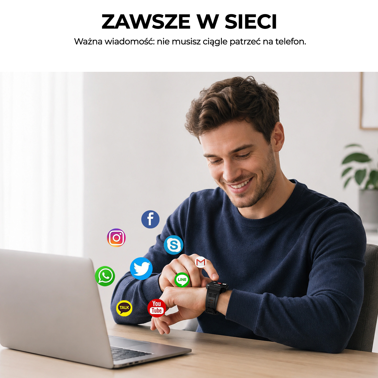 Uśmiechnięty mężczyzna w niebieskim swetrze korzysta ze smartwatcha przy biurku z laptopem, otoczony ikonami.
