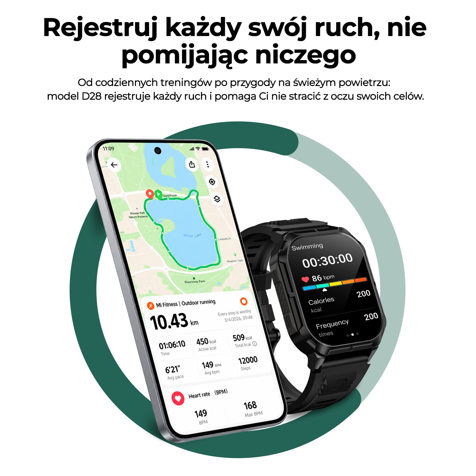 Smartfon z mapą trasy biegowej i statystykami fitness obok wytrzymałego smartwatcha z danymi treningowymi.