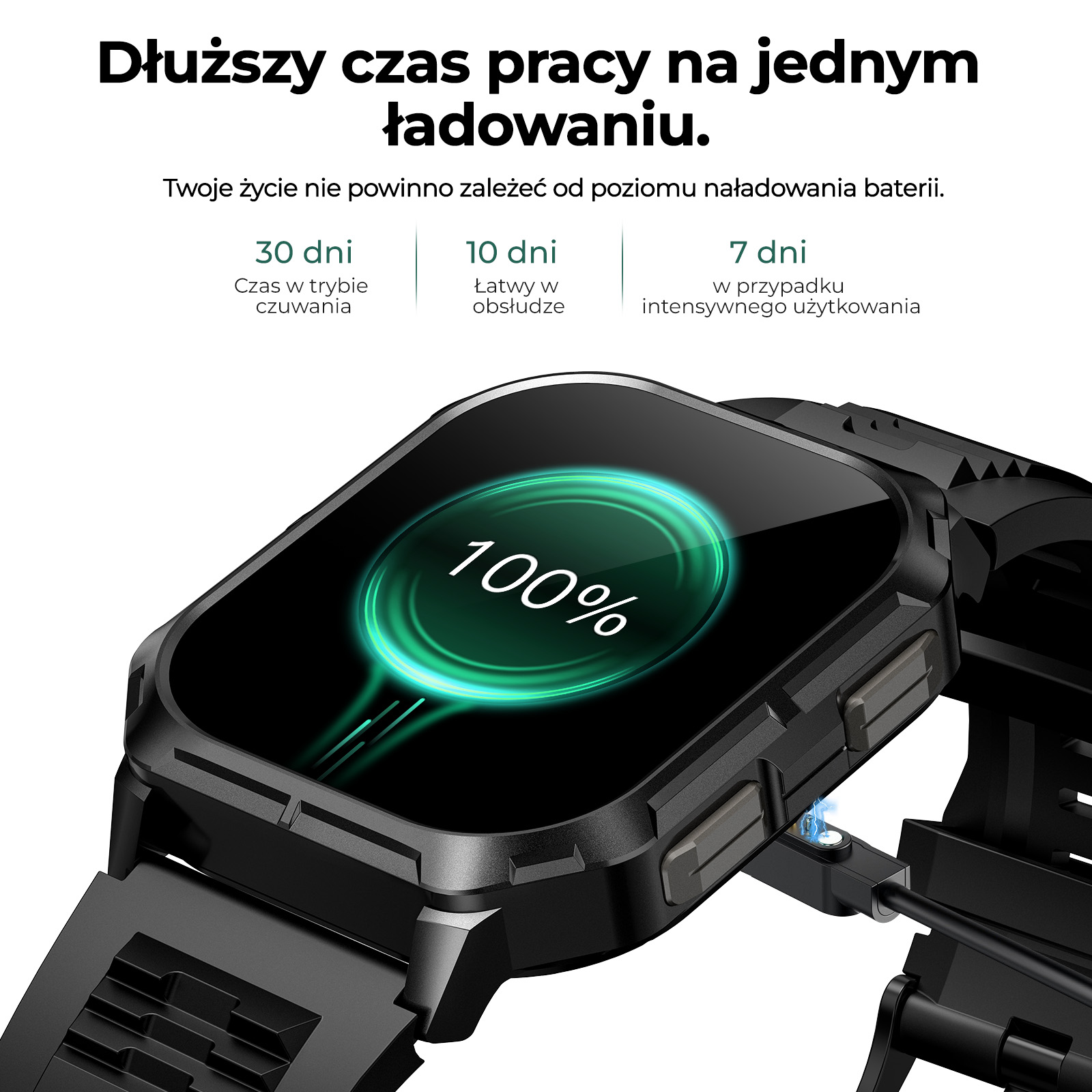 Czarny smartwatch ładuje się, ekran pokazuje 100% baterii i polski tekst o długim czasie pracy.