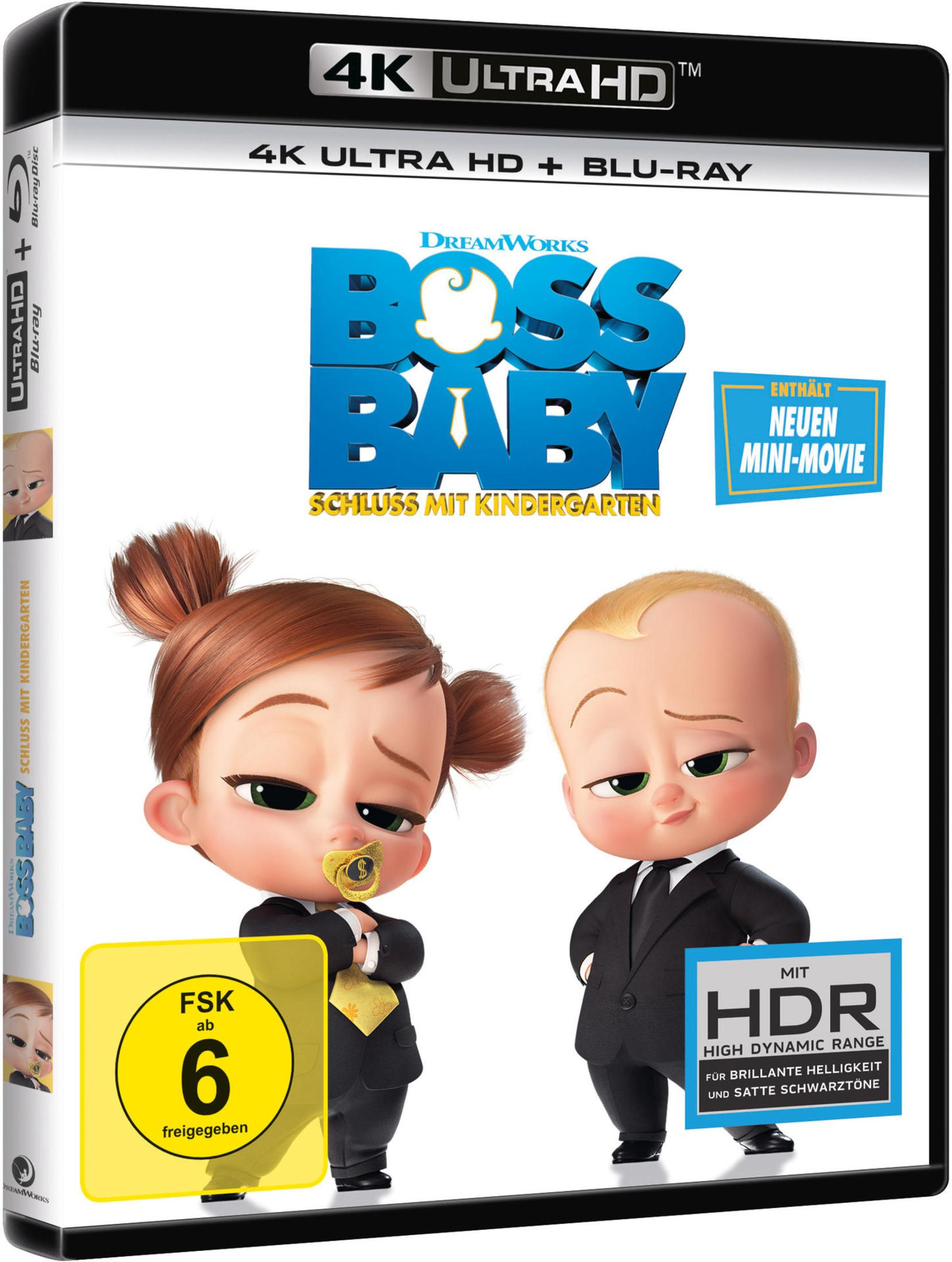 Boss Baby 4K Ultra HD Blu-ray-Cover mit zwei Babys im Anzug vor weißem Hintergrund.