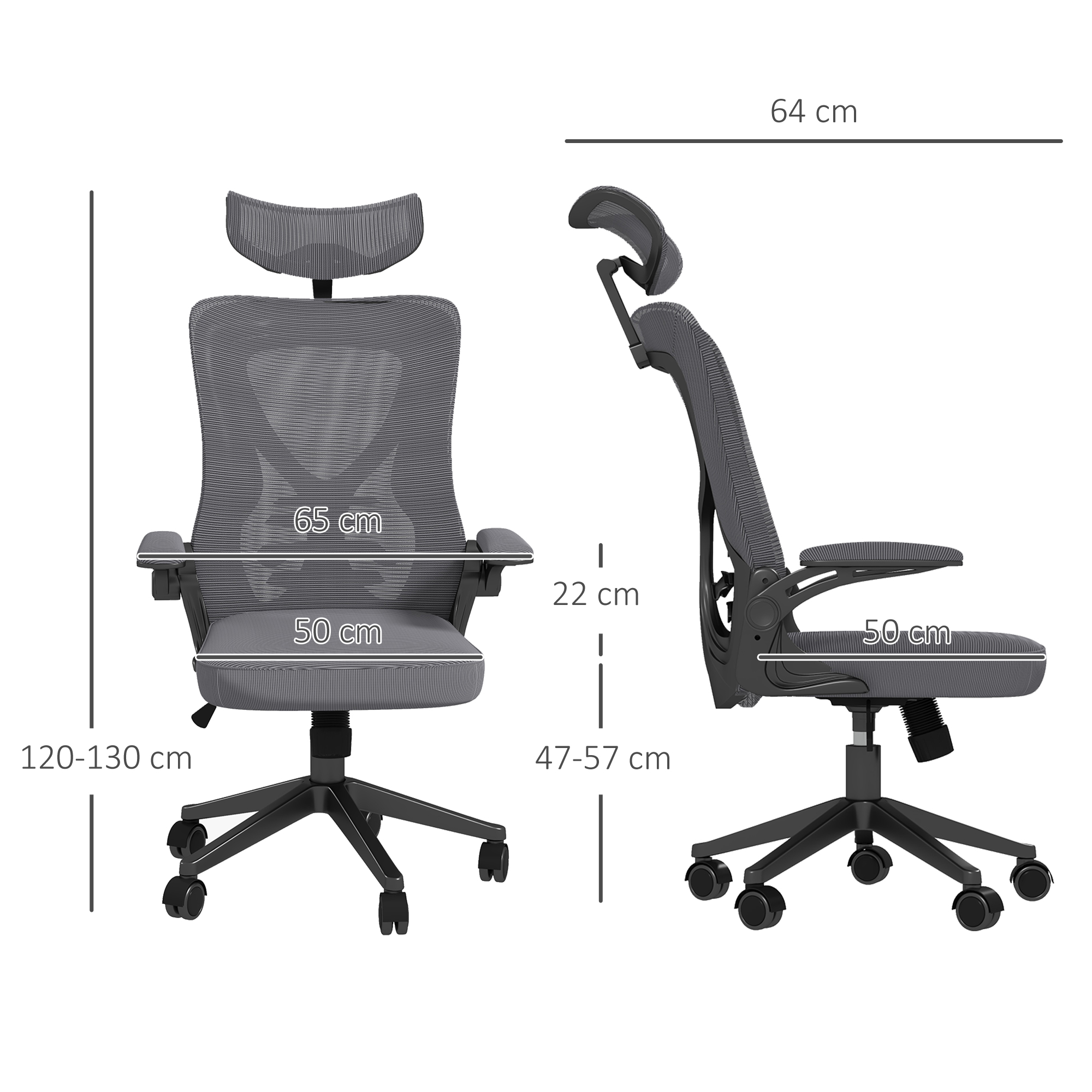 Vista frontale e laterale di una sedia da ufficio ergonomica grigia con misure in centimetri.