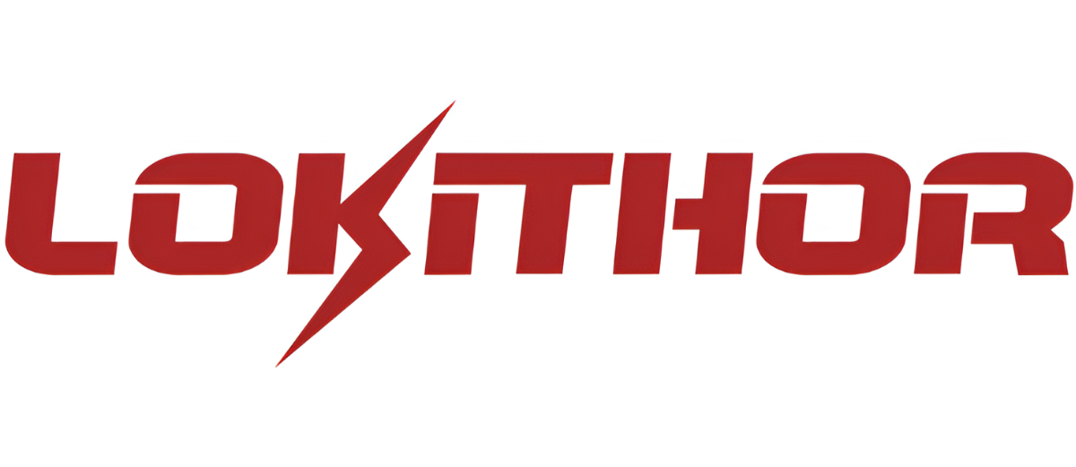 Beyaz arka planda K harfinin içinde şimşek olan kırmızı LOKITHOR logosu.