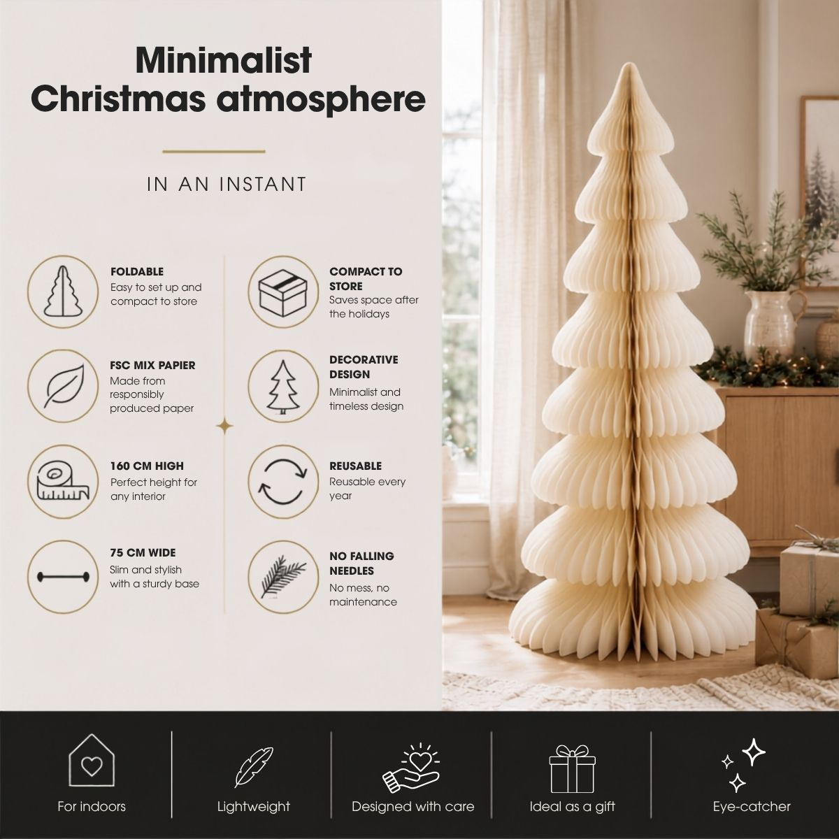 Publicité pour un sapin de Noël minimaliste et pliable en papier avec des icônes de fonctionnalités.