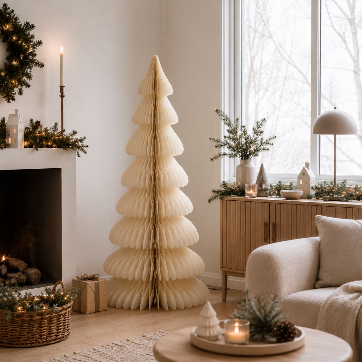 Un sapin de Noël en papier beige se dresse dans une pièce lumineuse avec cheminée.