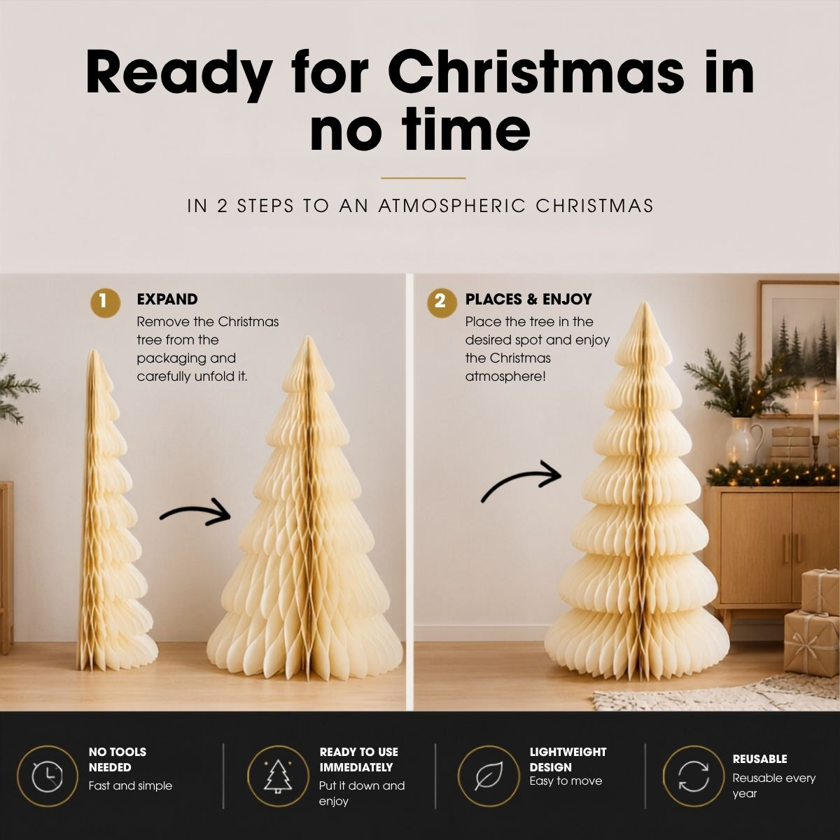 Guide en deux étapes pour ouvrir et placer un sapin de Noël décoratif en papier alvéolé.