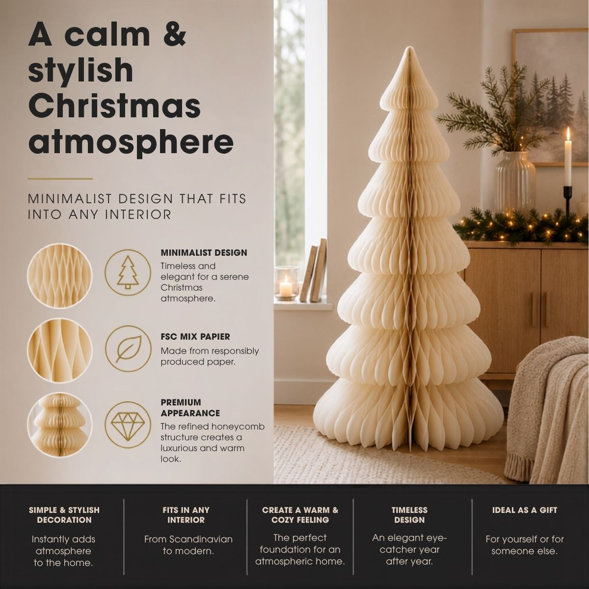 Un sapin de Noël en papier alvéolé beige dans un salon moderne et lumineux avec du texte.