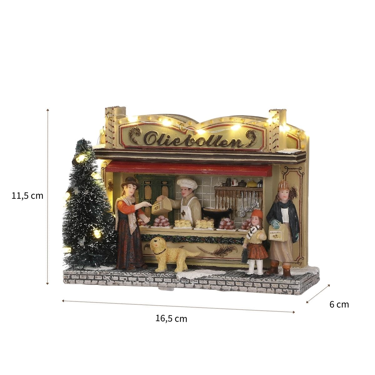 Beleuchtete Oliebollen-Budenfigur mit Bäcker, Figuren, Weihnachtsbaum und Maßen 16,5x6x11,5 cm.