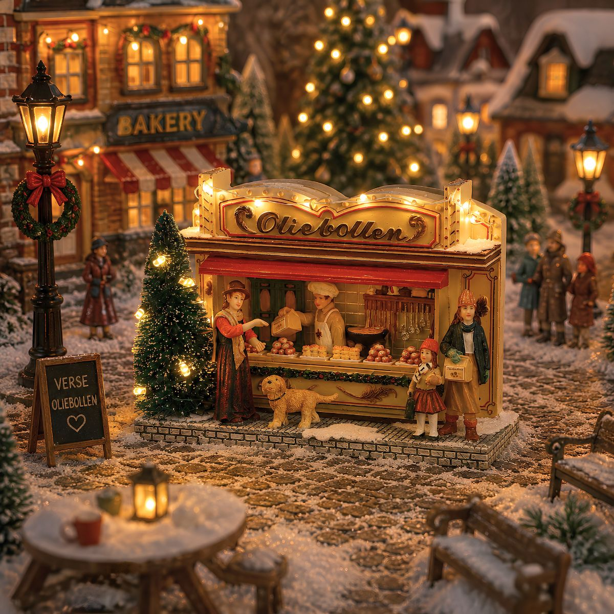 Eine festliche Weihnachtsdorf-Szene mit einem beleuchteten Oliebollen-Stand, Figuren, Schnee und Laternen auf Kopfsteinpflaster.