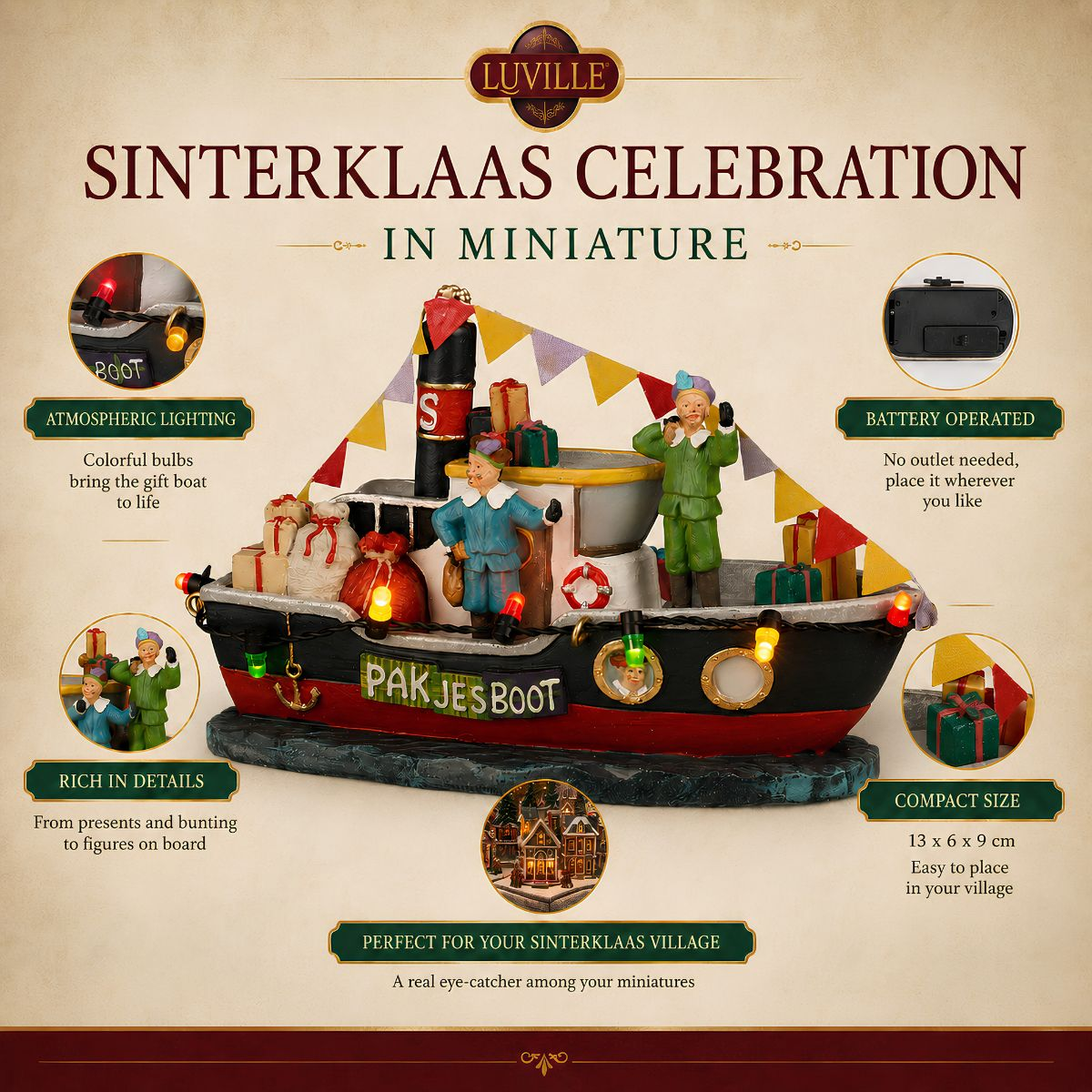 Miniatur-Sinterklaas-Geschenkboot mit bunten Lichtern, Figuren und Geschenken vor einem Werbehintergrund.