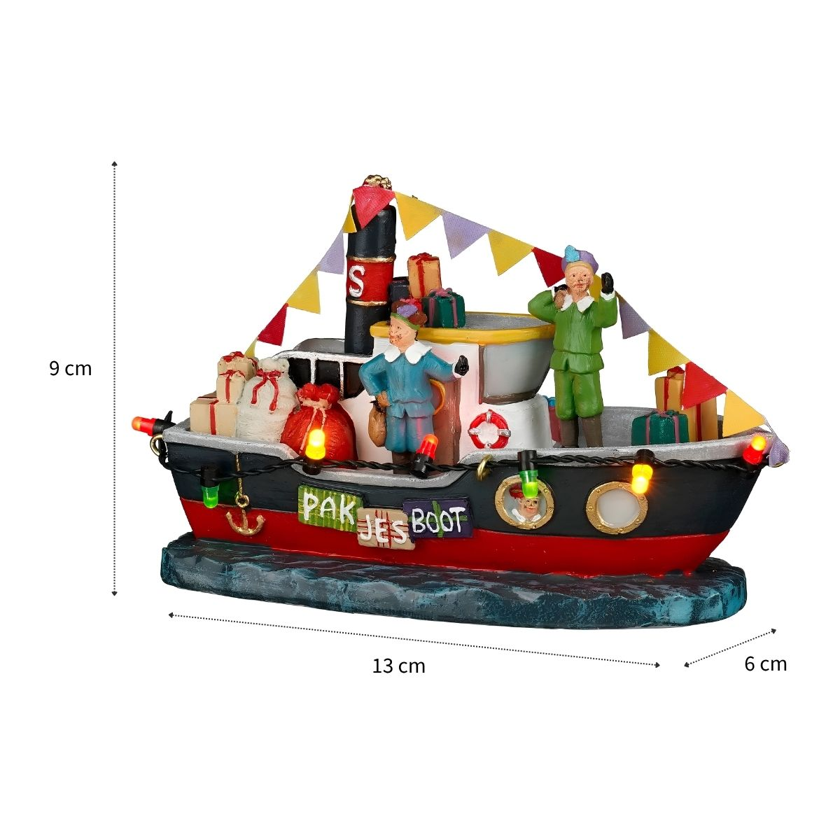 Festliches Sinterklaas-Boot mit Geschenken, Lichtern und Figuren, Maße 13x6x9 cm.