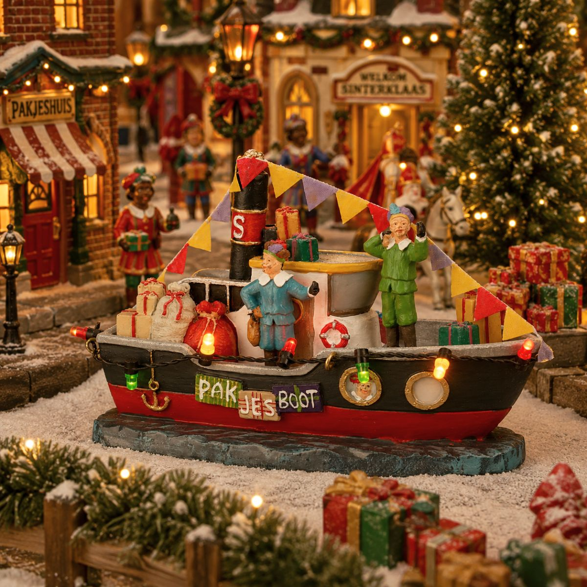 Ein dekoriertes Miniaturboot mit Figuren und Geschenken in einem verschneiten Dorf mit beleuchteten Weihnachtsbäumen.