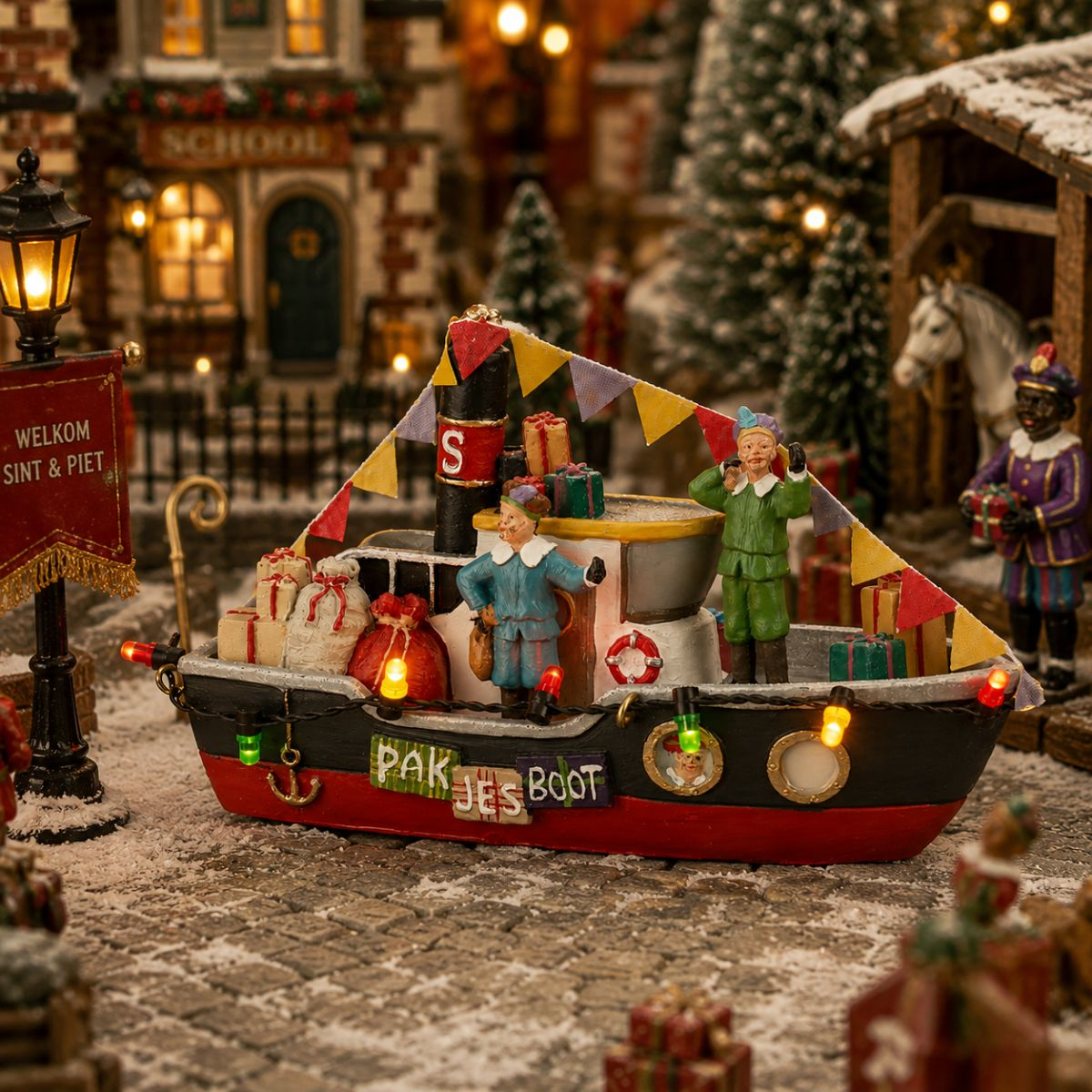 Modell eines festlichen Pakjesboot mit Figuren und Lichtern in einer verschneiten Weihnachtsdorf-Szene.