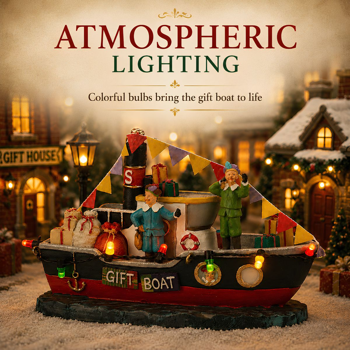Ein beleuchtetes Geschenkboot-Modell mit El Figuren in einer winterlichen Weihnachtsdorfszene.