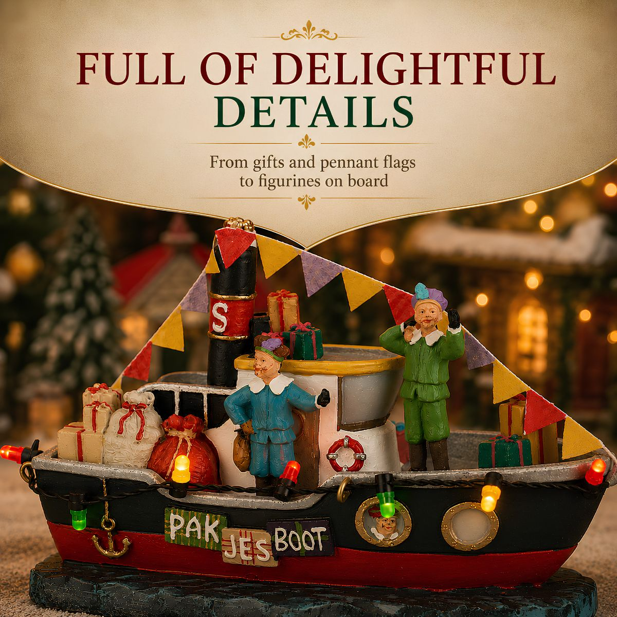 Modell eines Weihnachtsschiffs mit Figuren, Geschenken und bunten Wimpeln.