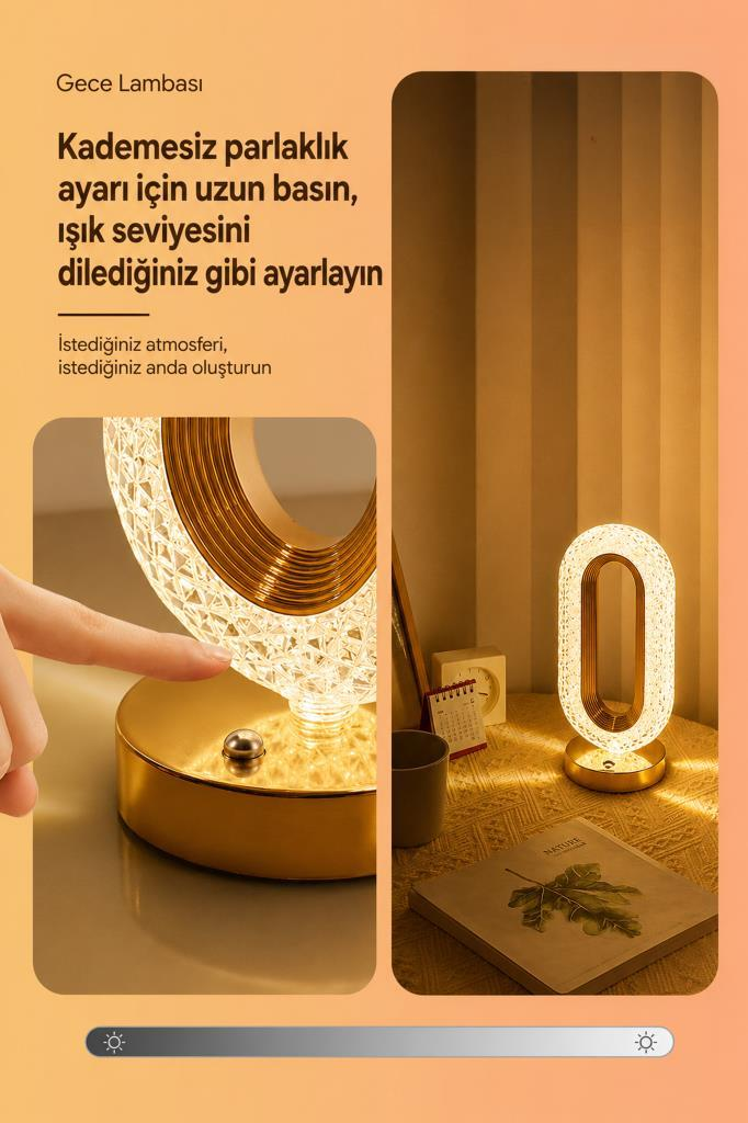 Sıcak ışıklı oval bir gece lambası, takvim ve kitabın yanında masada duruyor.
