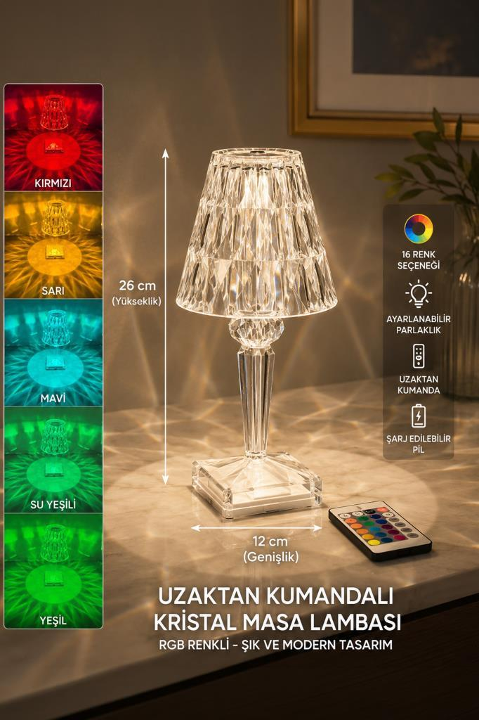 26 cm yükseklikte, uzaktan kumandalı ve renk seçenekli aydınlatmalı kristal masa lambası.
