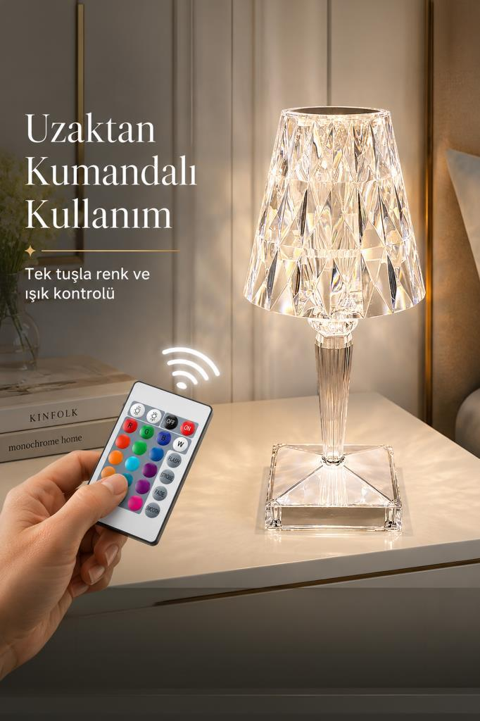 Renkli uzaktan kumanda ile kontrol edilen, komodin üzerindeki kristal kesimli lamba.