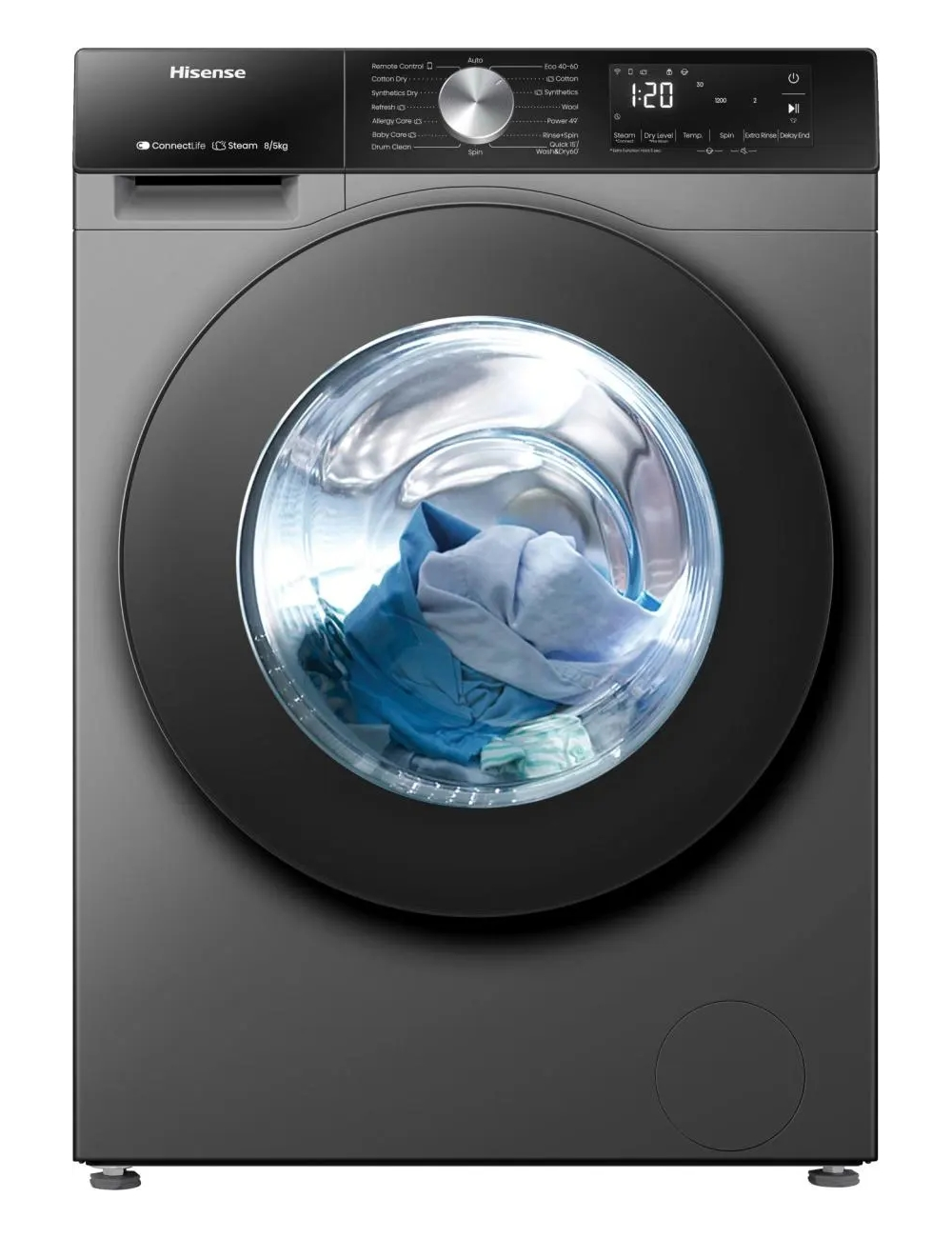 Una lavatrice Hisense grigia con porta nera e bucato blu nel cestello.