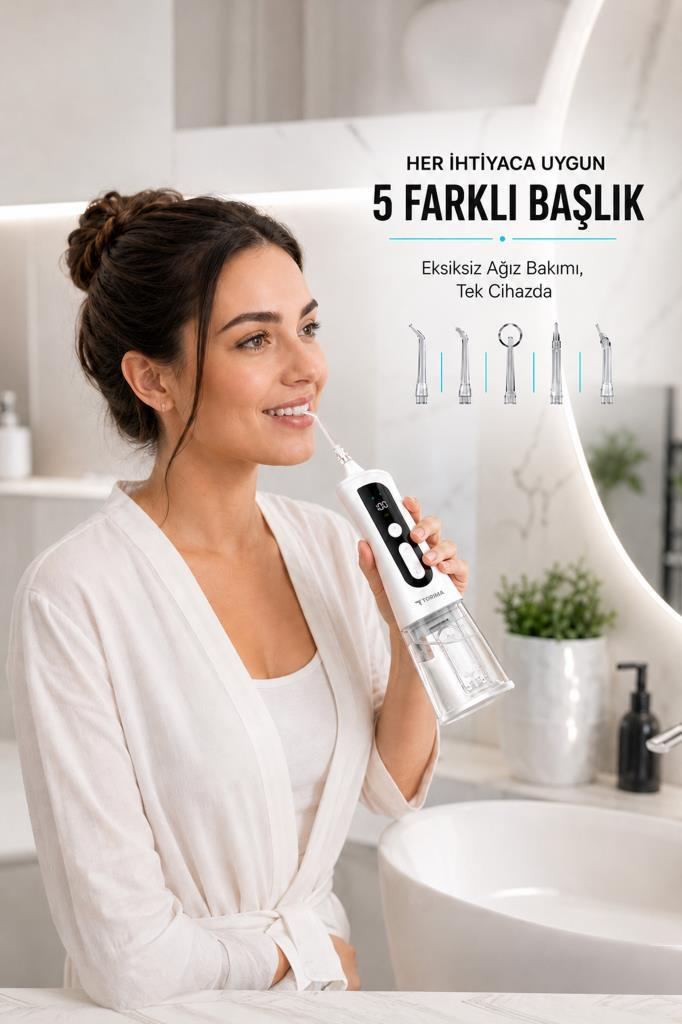 Aydınlık bir banyoda beyaz ağız duşu kullanan, Türkçe metin ve ürün ipuçları içeren gülümseyen kadın.