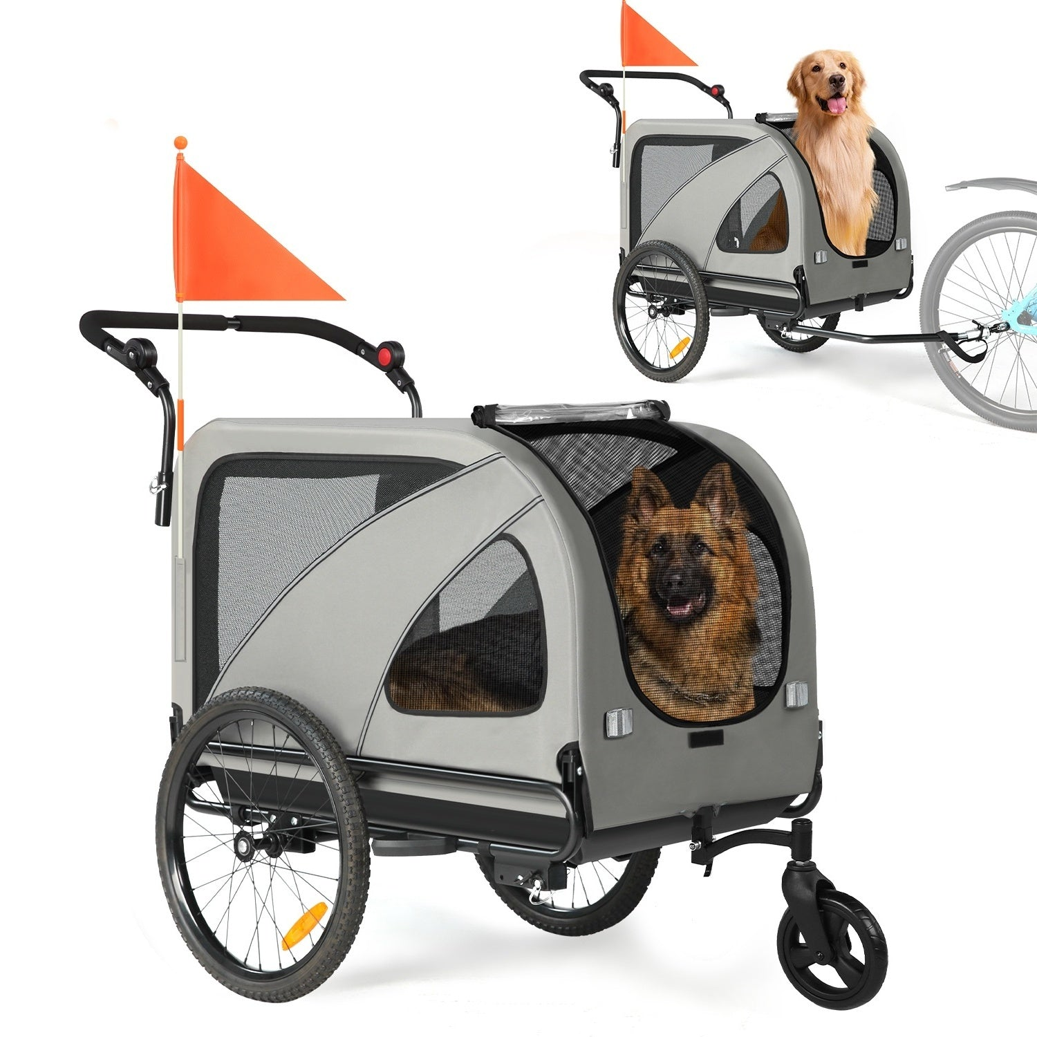Remolque de bicicleta para mascotas gris con un perro, bandera naranja y ruedas grandes.