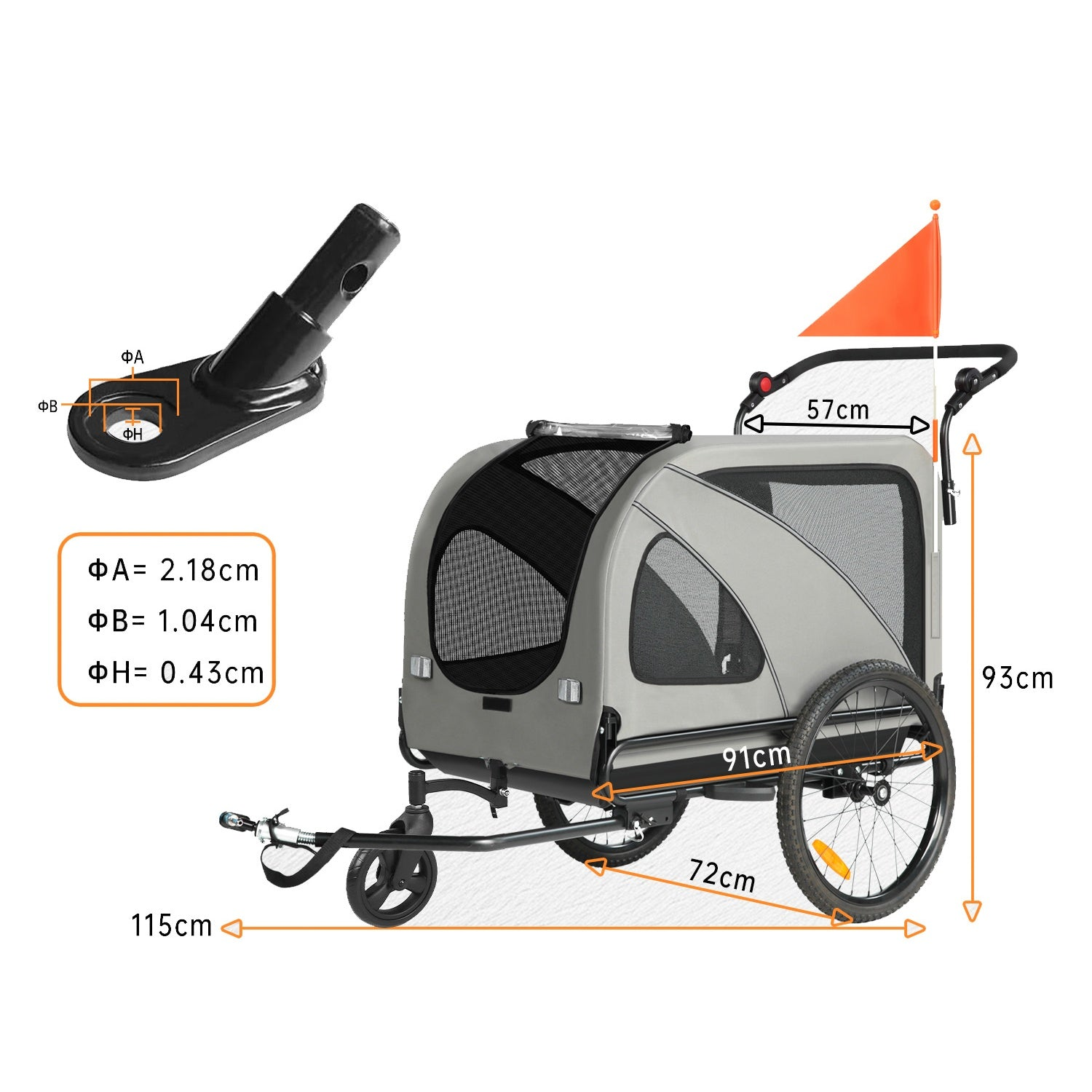 Remolque de bicicleta para mascotas gris con dimensiones, mango, rueda delantera y bandera de seguridad naranja.