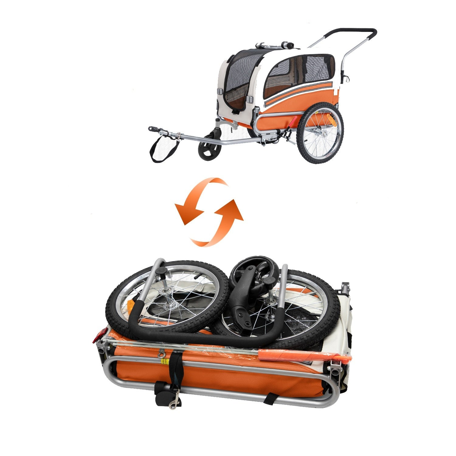 Un carrito para mascotas naranja y blanco, montado arriba y plegado de forma compacta abajo sobre fondo blanco.