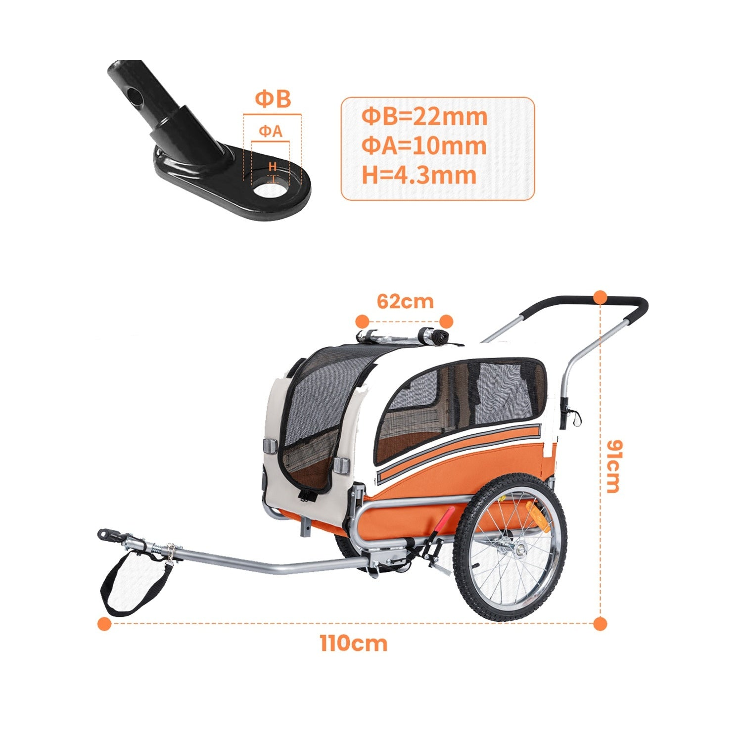 Diagrama de un remolque para mascotas naranja y blanco con dimensiones y enganche.