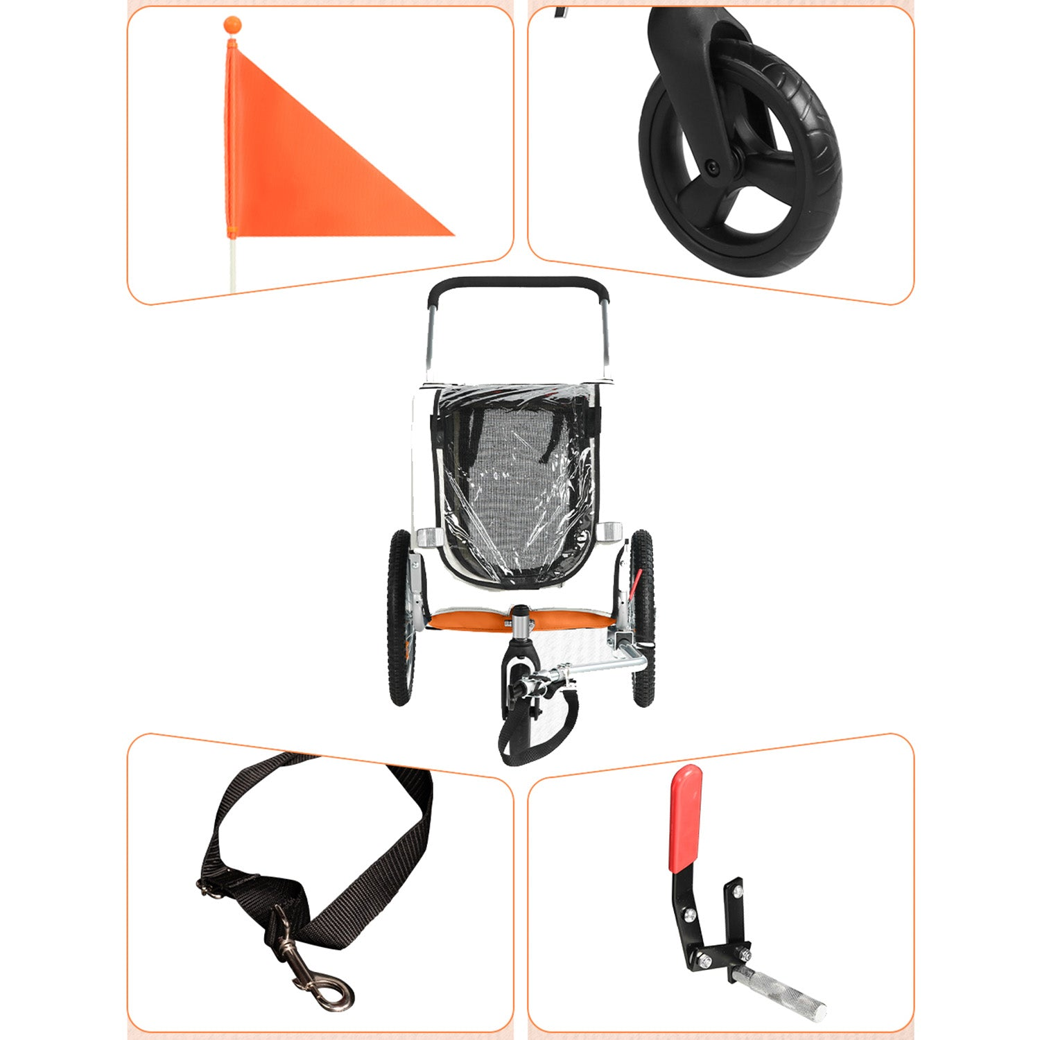Un carrito para mascotas plegable de tres ruedas con correa de seguridad, bandera naranja y freno de mano.