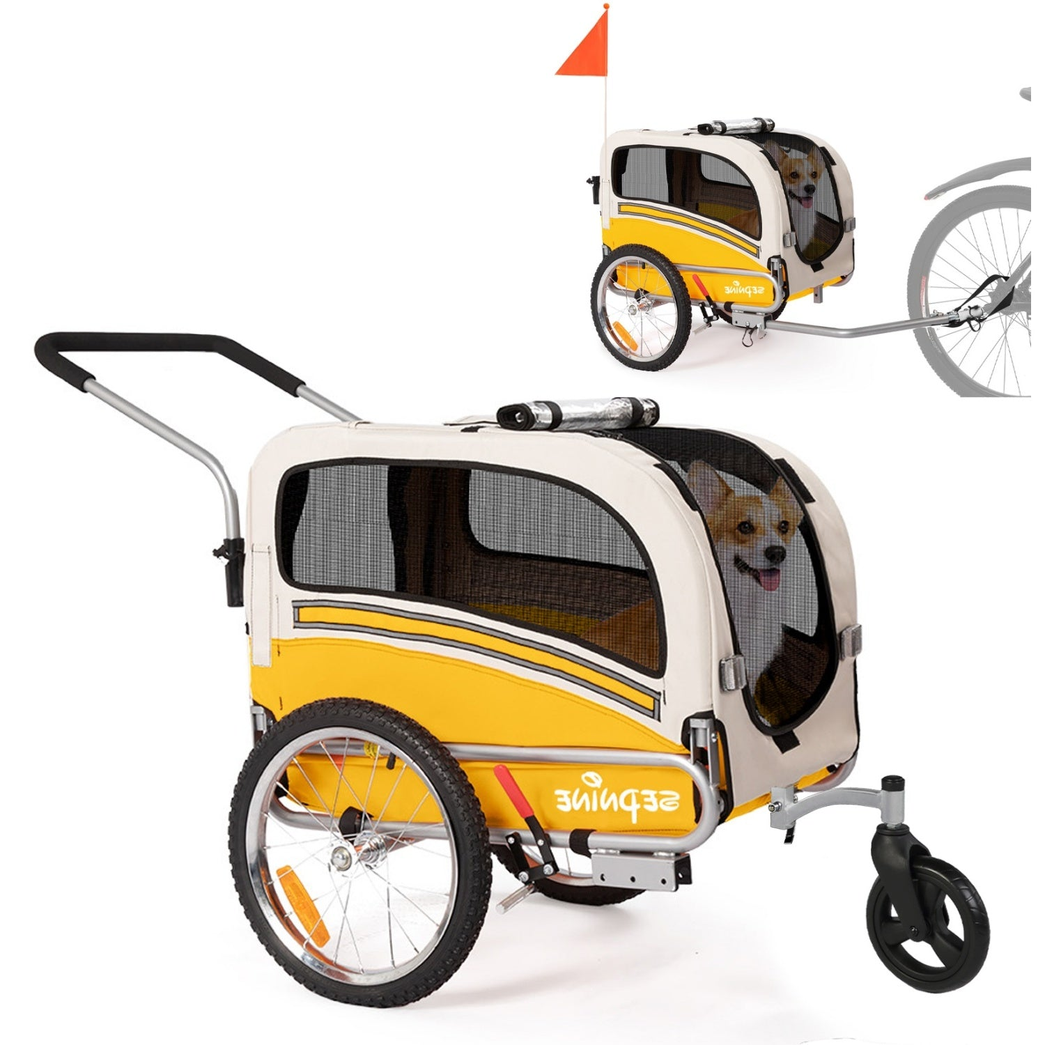 Un carrito para mascotas amarillo y beige para bicicleta y paseo con un perro dentro.