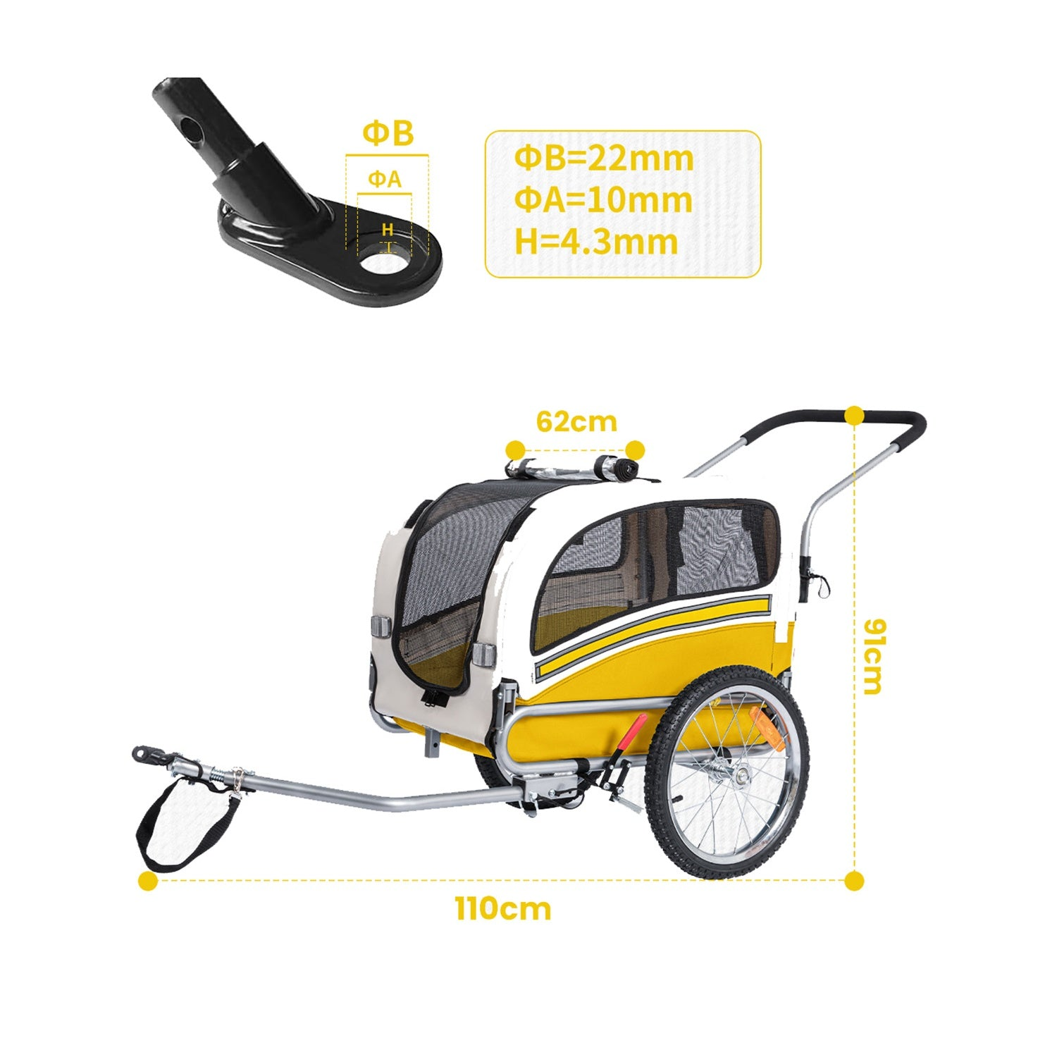 Remolque amarillo y blanco para mascotas con dimensiones 110x62x91cm y detalle del enganche.