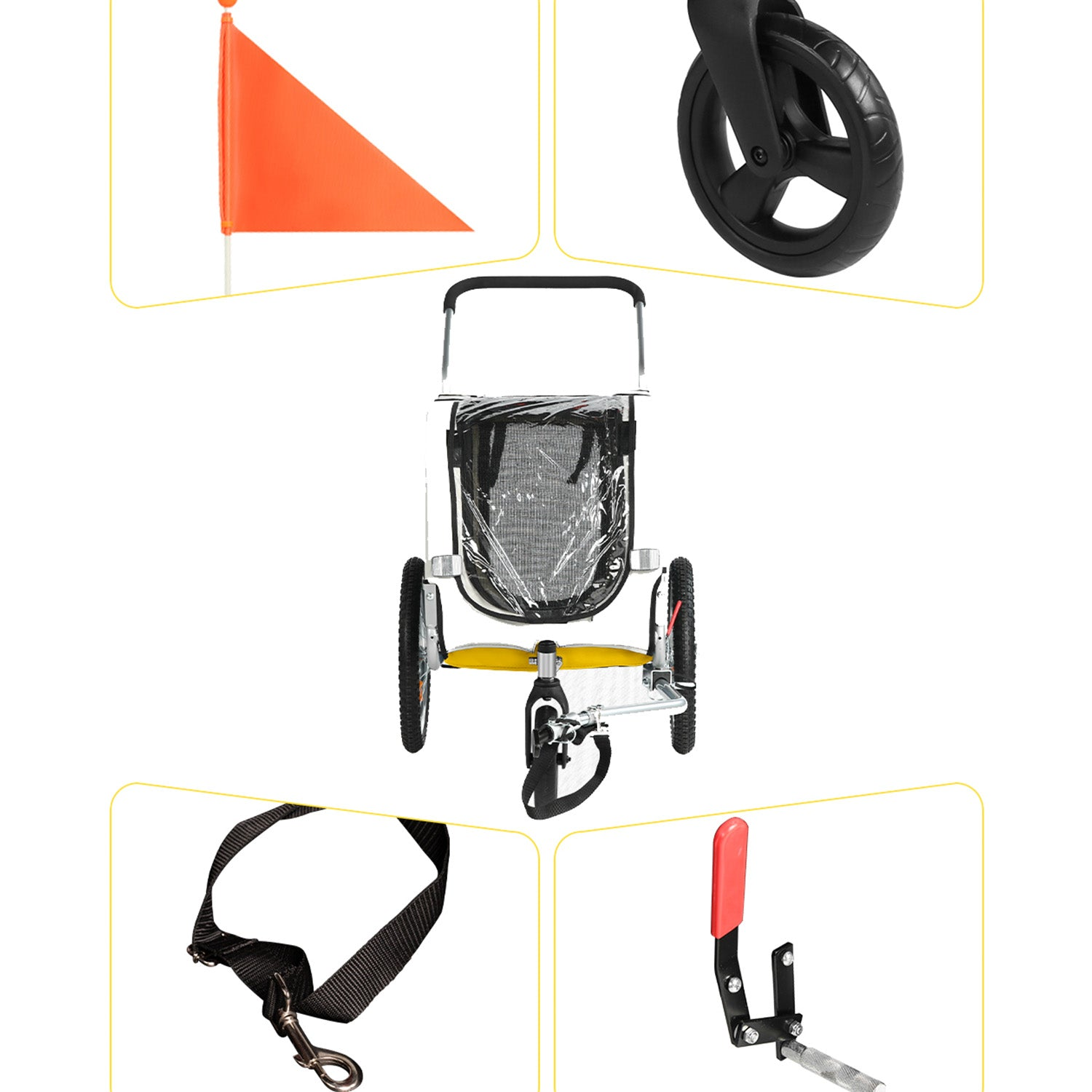 Un carrito plegable para mascotas con malla, ruedas, bandera, correa y freno.