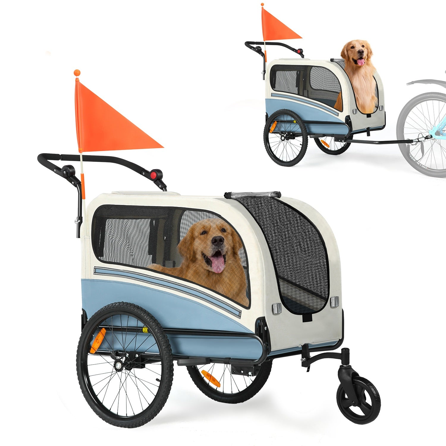 Un golden retriever en un remolque azul y crema para mascotas con una bandera naranja.