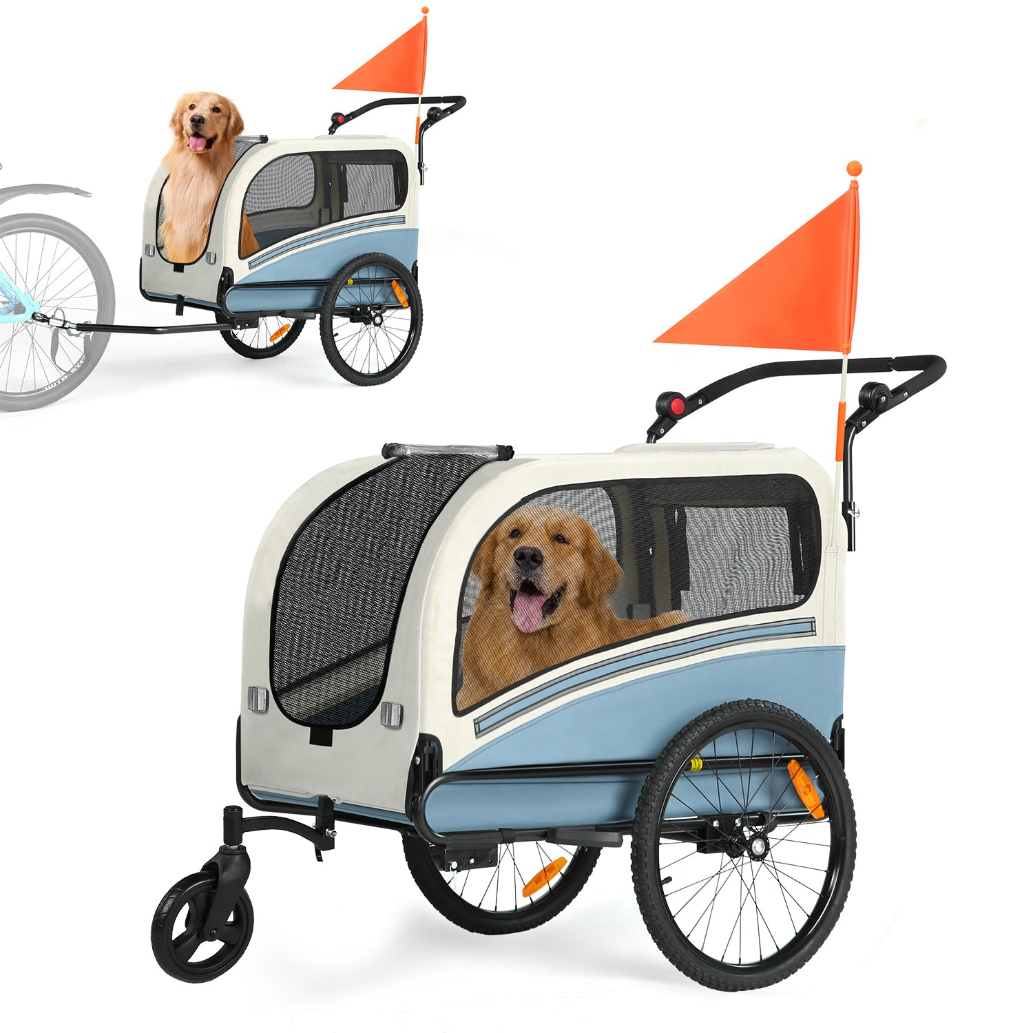 Un remolque para mascotas azul y crema con un Golden Retriever y una bandera de seguridad naranja.