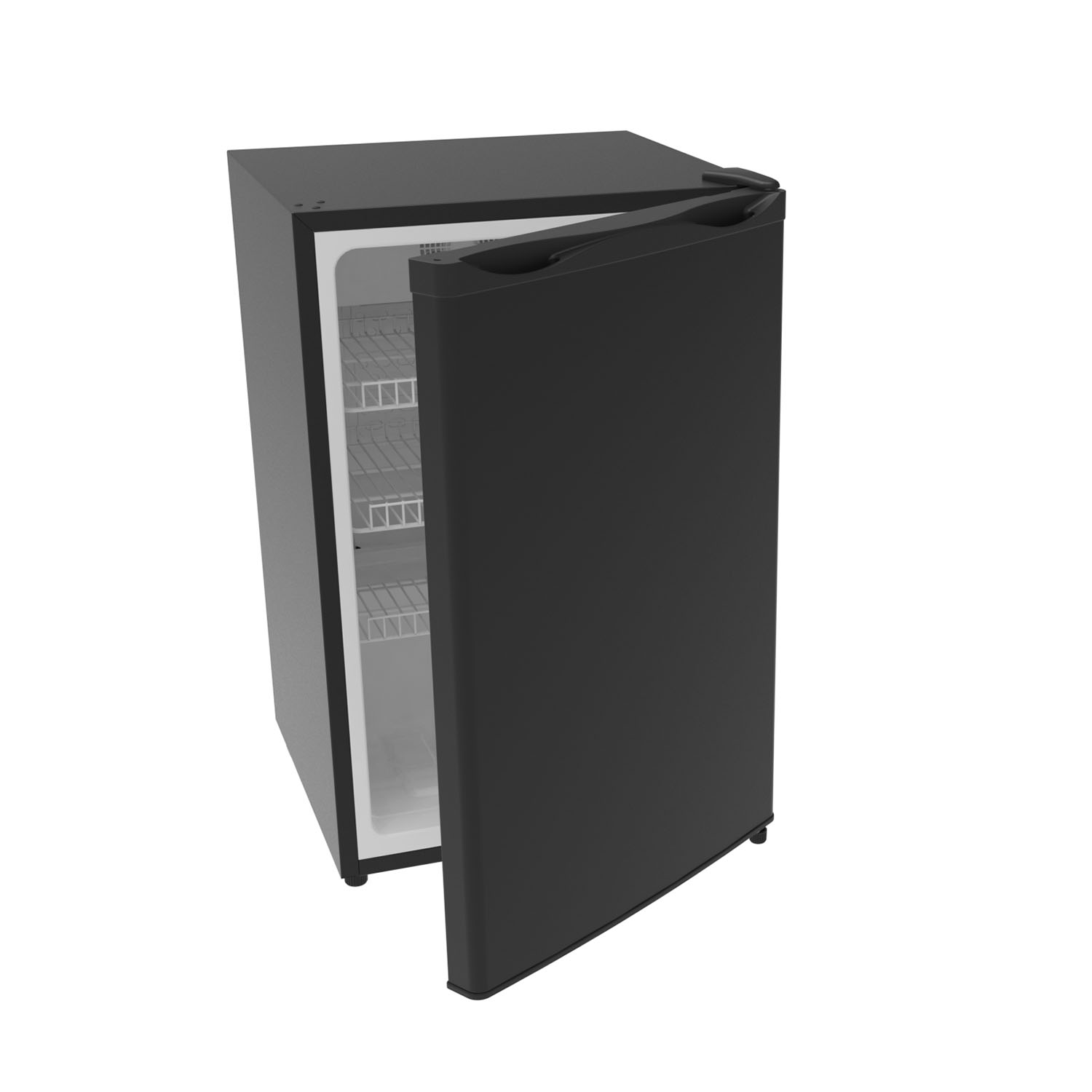 Ein kleiner schwarzer Mini-Kühlschrank mit geöffneter Tür und Drahtregalen im Inneren.