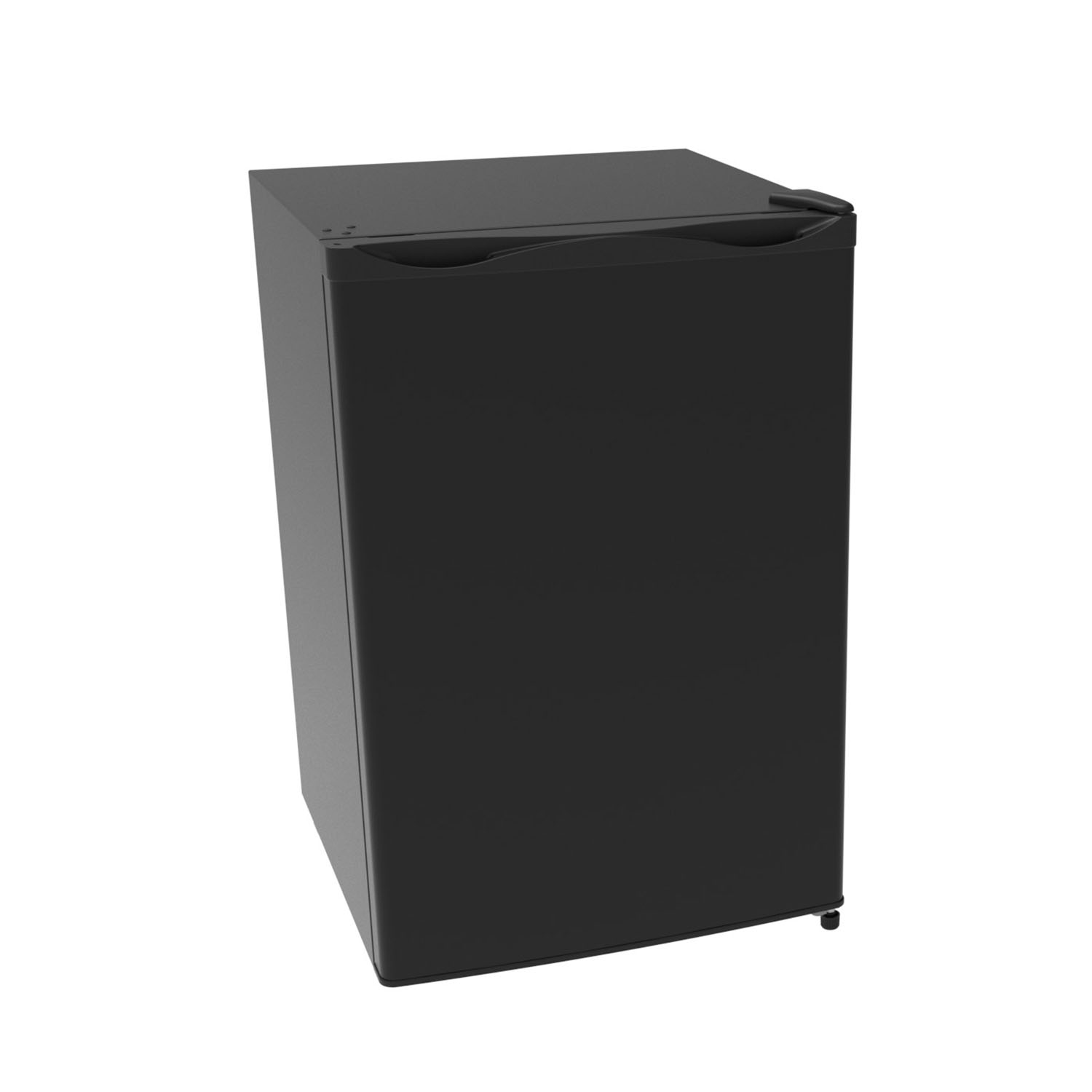 Ein kompakter schwarzer Minikühlschrank steht vor weißem Hintergrund.