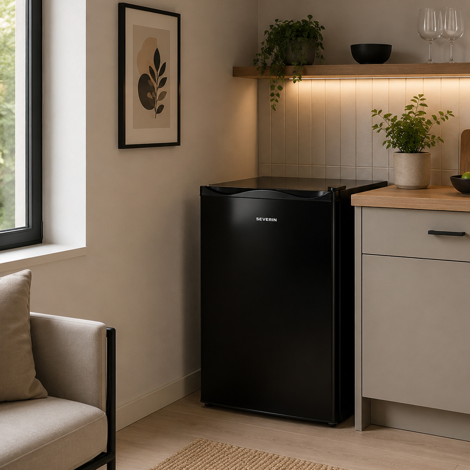 Ein kompakter schwarzer Severin-Kühlschrank in einer modernen Küche mit beigen Wänden und Holzregalen.