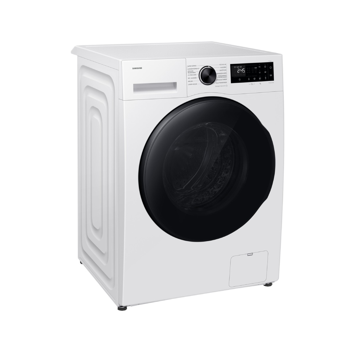 Una lavadora blanca de carga frontal con puerta negra, pantalla digital y selector giratorio sobre fondo blanco.