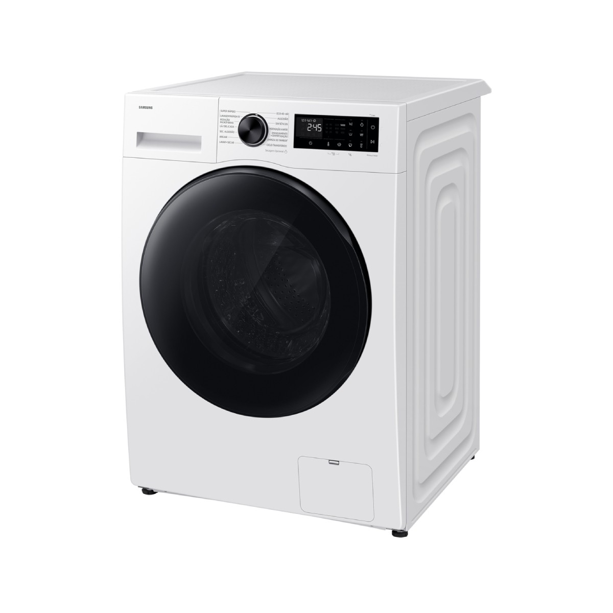 Una lavadora blanca Samsung con puerta de cristal negra y pantalla digital sobre fondo blanco.