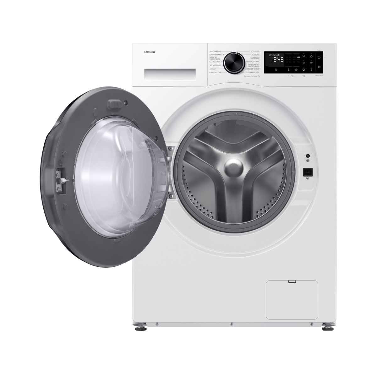 Una lavadora de carga frontal Samsung blanca con la puerta abierta, mostrando el tambor de acero inoxidable.