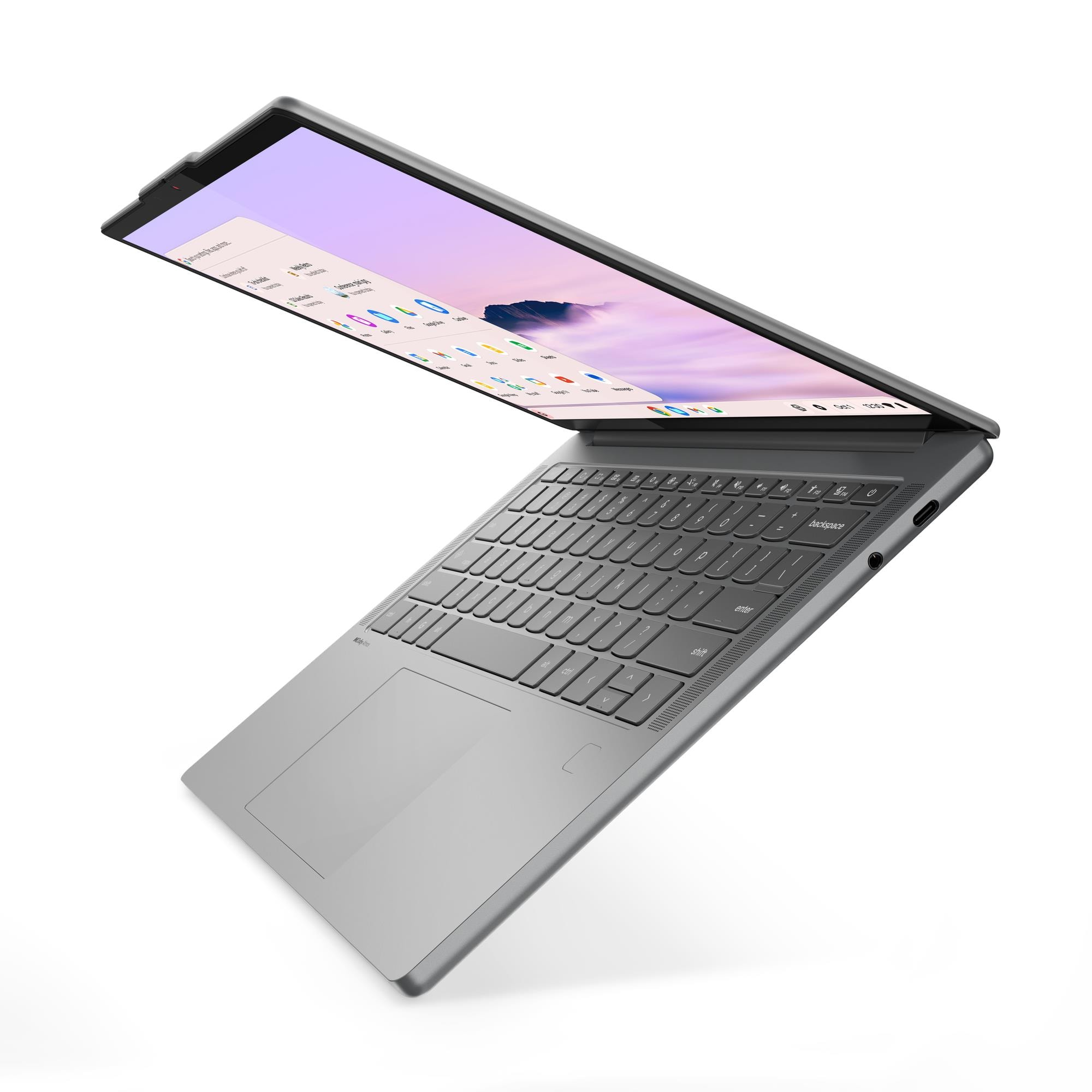 Un laptop grigio fluttua in aria, schermo con icone colorate su sfondo viola.