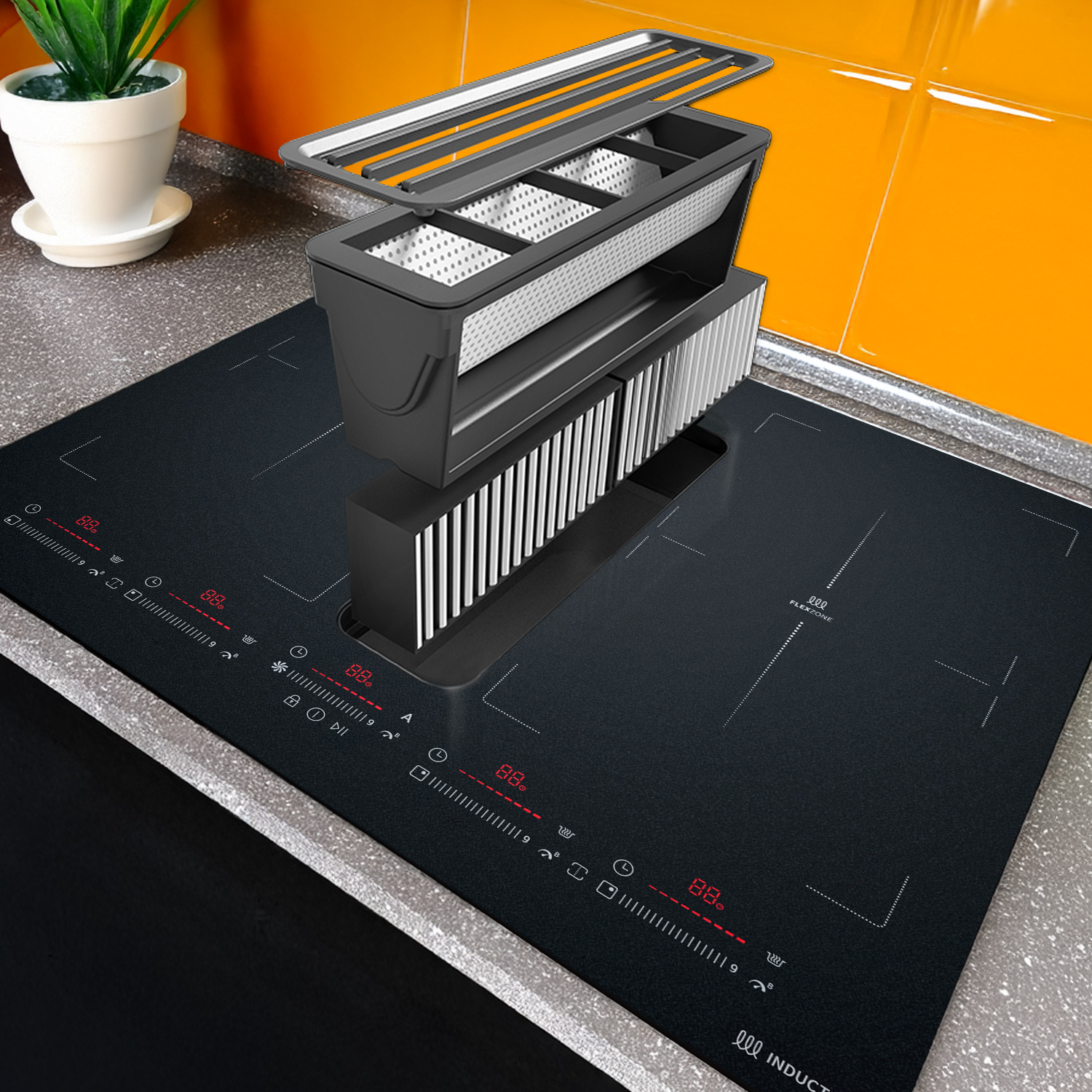Un piano cottura a induzione nero con filtro di aspirazione sollevato, su un piano di lavoro con piastrelle arancioni.